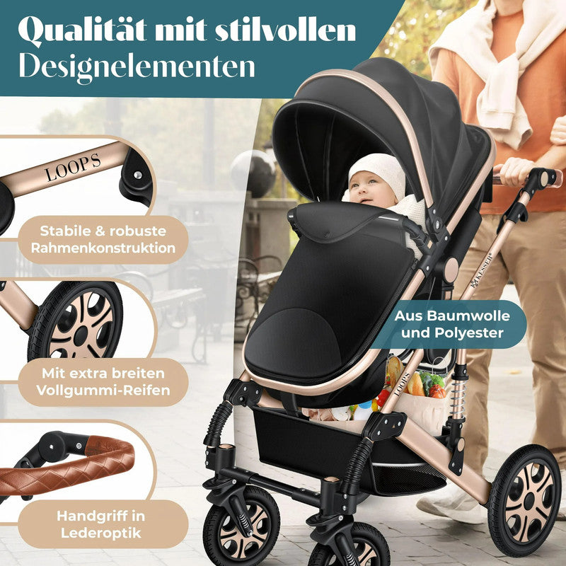 KESSER® Loops 4-in-1 Kombi Kinderwagen – Komplettset mit Babywanne, Autositz, Fußsack, Korb und Zubehör bis 4 Jahre