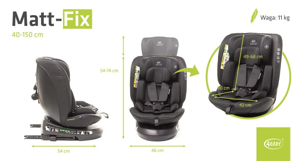 4BABY Matt-Fix I-Size Kindersitz 360° drehbar, ISOFIX, 0–36 kg, 40–150 cm – Schwarz