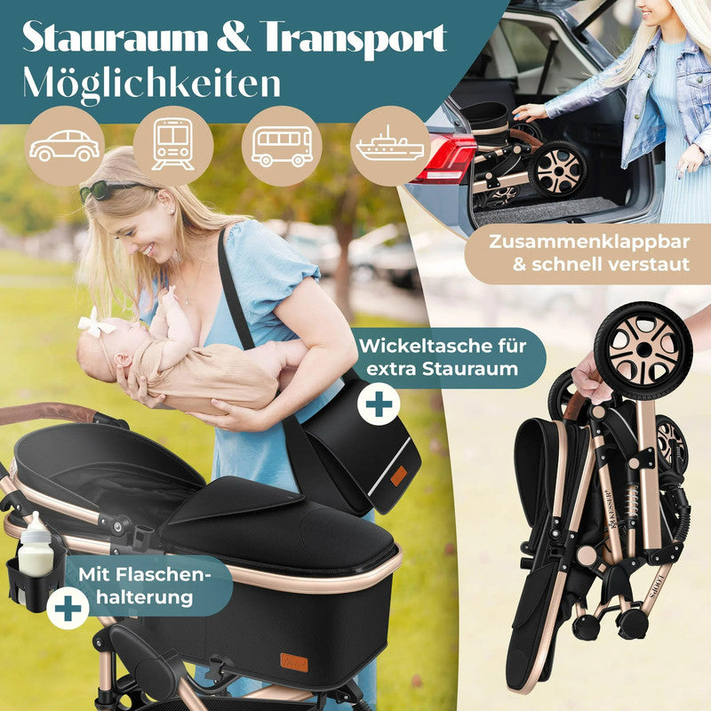 KESSER® Loops 4-in-1 Kombi Kinderwagen – Komplettset mit Babywanne, Autositz, Fußsack, Korb und Zubehör bis 4 Jahre