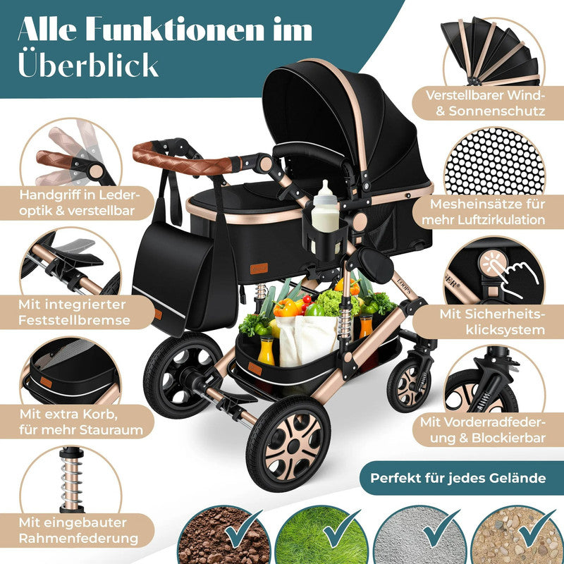 KESSER® Loops 4-in-1 Kombi Kinderwagen – Komplettset mit Babywanne, Autositz, Fußsack, Korb und Zubehör bis 4 Jahre