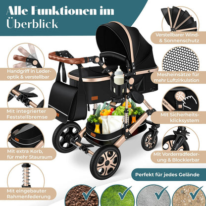 KESSER® Loops 4-in-1 Kombi Kinderwagen – Komplettset mit Babywanne, Autositz, Fußsack, Korb und Zubehör bis 4 Jahre