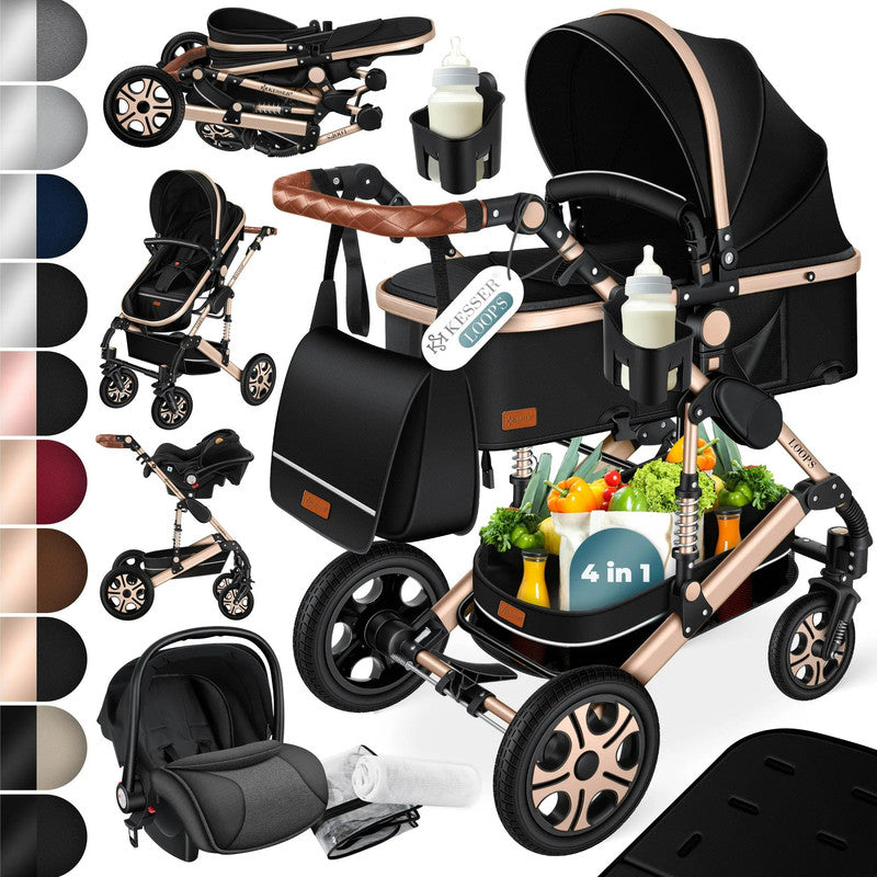 KESSER® Loops 4-in-1 Kombi Kinderwagen – Komplettset mit Babywanne, Autositz, Fußsack, Korb und Zubehör bis 4 Jahre