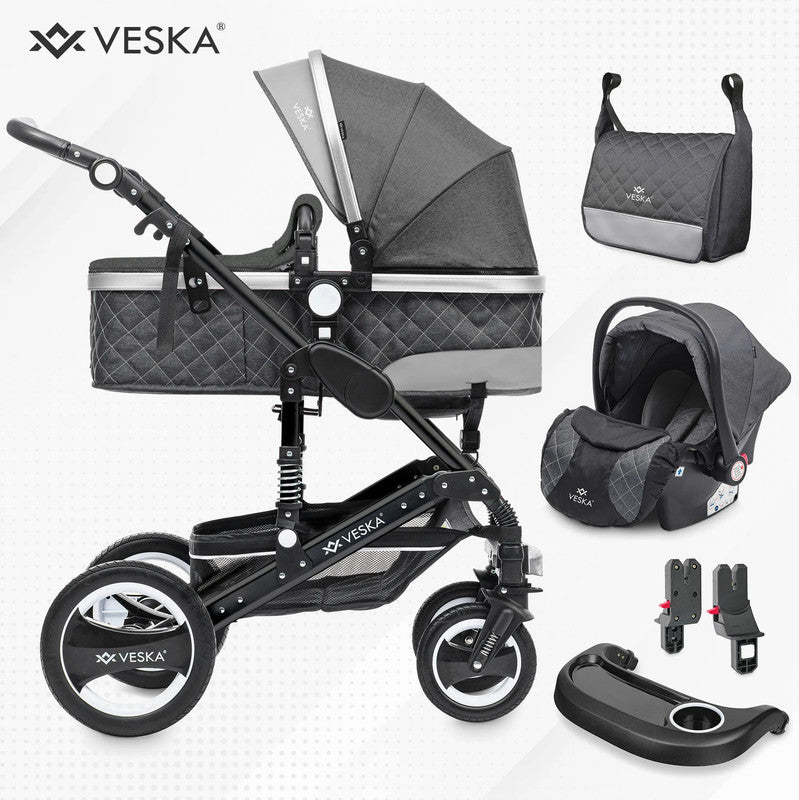 VESKA® 3-in-1 Deluxe Kinderwagen: Buggy, Jogger, Autositz mit Zubehör (Einkaufskorb, Spieltisch, Regenschutz, Mückennetz, etc.)
