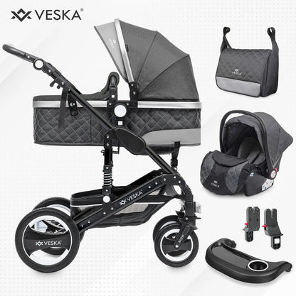 VESKA® 3-in-1 Deluxe Kinderwagen: Buggy, Jogger, Autositz mit Zubehör (Einkaufskorb, Spieltisch, Regenschutz, Mückennetz, etc.)