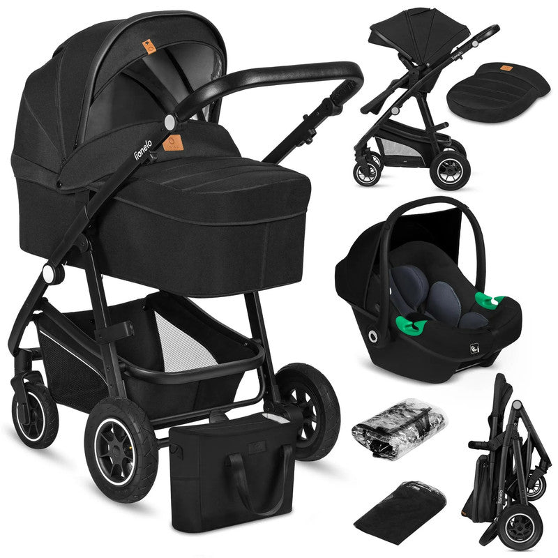 Lionelo Bianka 3-in-1 Kinderwagen – Travel System, Buggy, Tragewanne, Autositz, Faltbar, XXL Verdeck, Schwarz