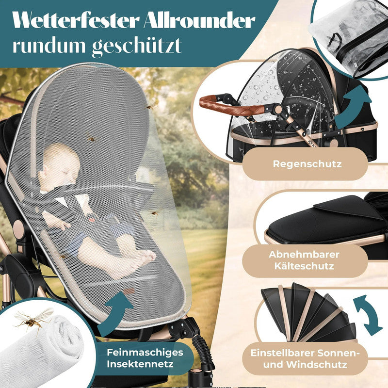 KESSER® Loops 4-in-1 Kombi Kinderwagen – Komplettset mit Babywanne, Autositz, Fußsack, Korb und Zubehör bis 4 Jahre