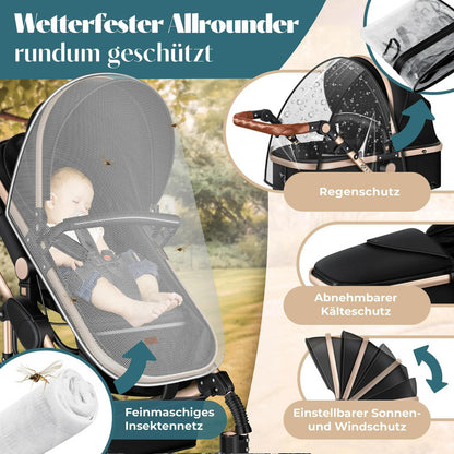 KESSER® Loops 4-in-1 Kombi Kinderwagen – Komplettset mit Babywanne, Autositz, Fußsack, Korb und Zubehör bis 4 Jahre