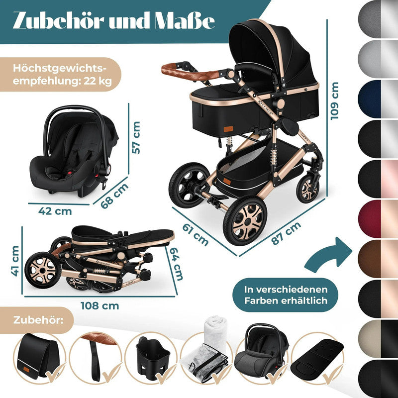 KESSER® Loops 4-in-1 Kombi Kinderwagen – Komplettset mit Babywanne, Autositz, Fußsack, Korb und Zubehör bis 4 Jahre