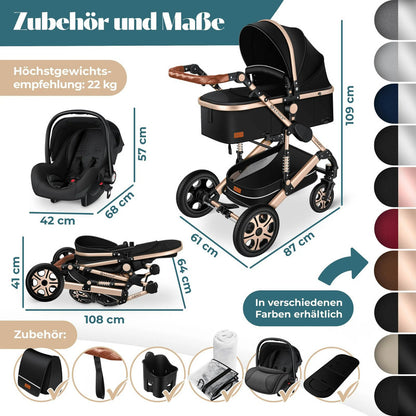 KESSER® Loops 4-in-1 Kombi Kinderwagen – Komplettset mit Babywanne, Autositz, Fußsack, Korb und Zubehör bis 4 Jahre