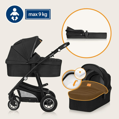 Lionelo Bianka 3-in-1 Kinderwagen – Travel System, Buggy, Tragewanne, Autositz, Faltbar, XXL Verdeck, Schwarz