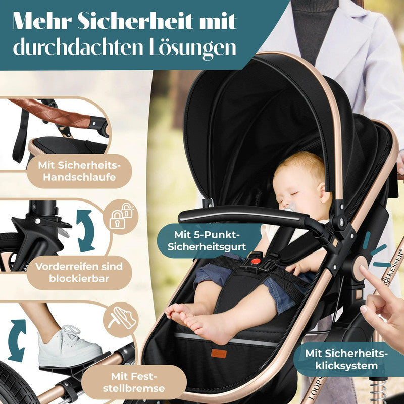 KESSER® Loops 4-in-1 Kombi Kinderwagen – Komplettset mit Babywanne, Autositz, Fußsack, Korb und Zubehör bis 4 Jahre
