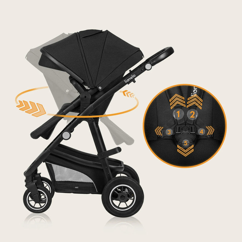 Lionelo Bianka 3-in-1 Kinderwagen – Travel System, Buggy, Tragewanne, Autositz, Faltbar, XXL Verdeck, Schwarz