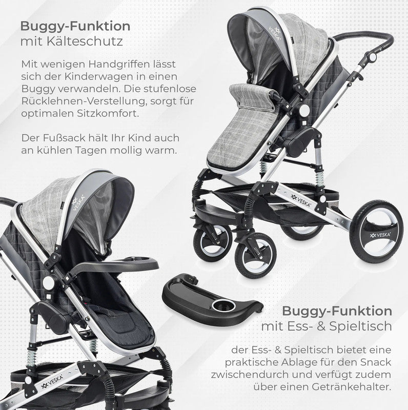 VESKA® 3-in-1 Deluxe Kinderwagen: Buggy, Jogger, Autositz mit Zubehör (Einkaufskorb, Spieltisch, Regenschutz, Mückennetz, etc.)