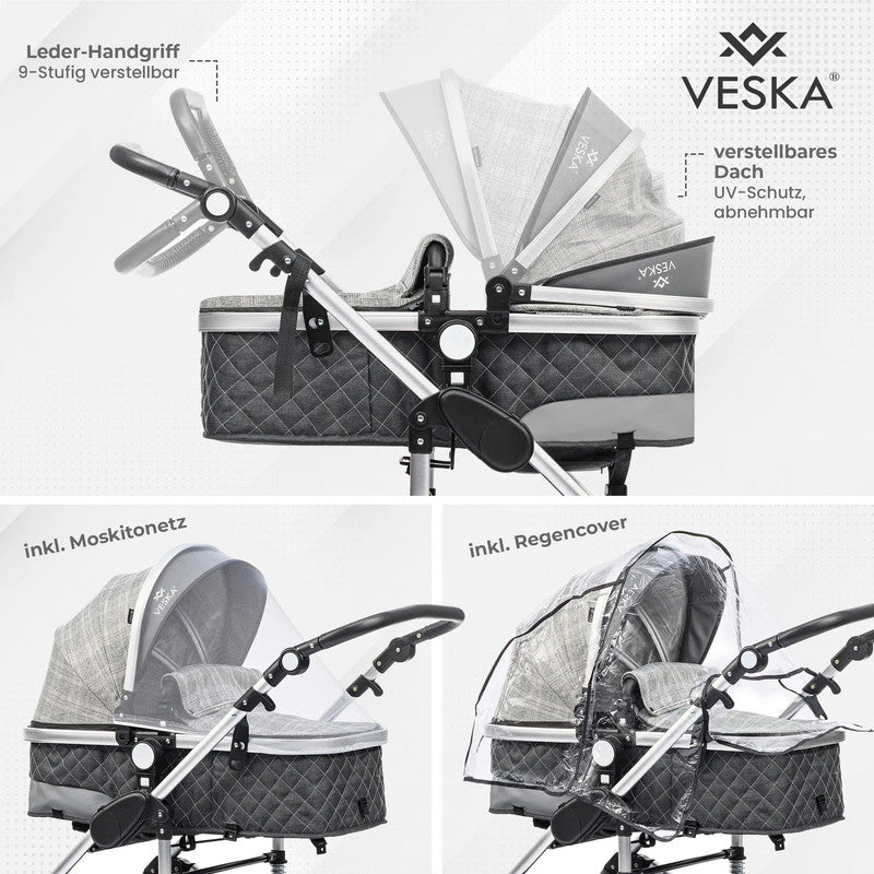 VESKA® 3-in-1 Deluxe Kinderwagen: Buggy, Jogger, Autositz mit Zubehör (Einkaufskorb, Spieltisch, Regenschutz, Mückennetz, etc.)