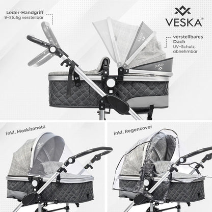 VESKA® 3-in-1 Deluxe Kinderwagen: Buggy, Jogger, Autositz mit Zubehör (Einkaufskorb, Spieltisch, Regenschutz, Mückennetz, etc.)