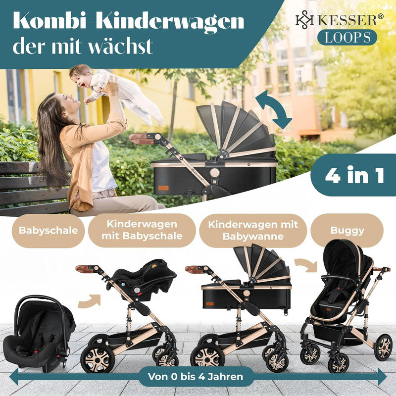 KESSER® Loops 4-in-1 Kombi Kinderwagen – Komplettset mit Babywanne, Autositz, Fußsack, Korb und Zubehör bis 4 Jahre