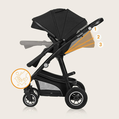 Lionelo Bianka 3-in-1 Kinderwagen – Travel System, Buggy, Tragewanne, Autositz, Faltbar, XXL Verdeck, Schwarz