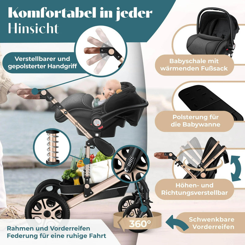 KESSER® Loops 4-in-1 Kombi Kinderwagen – Komplettset mit Babywanne, Autositz, Fußsack, Korb und Zubehör bis 4 Jahre