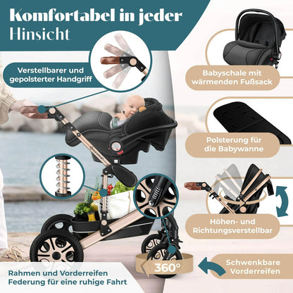 KESSER® Loops 4-in-1 Kombi Kinderwagen – Komplettset mit Babywanne, Autositz, Fußsack, Korb und Zubehör bis 4 Jahre