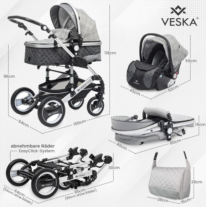 VESKA® 3-in-1 Deluxe Kinderwagen: Buggy, Jogger, Autositz mit Zubehör (Einkaufskorb, Spieltisch, Regenschutz, Mückennetz, etc.)