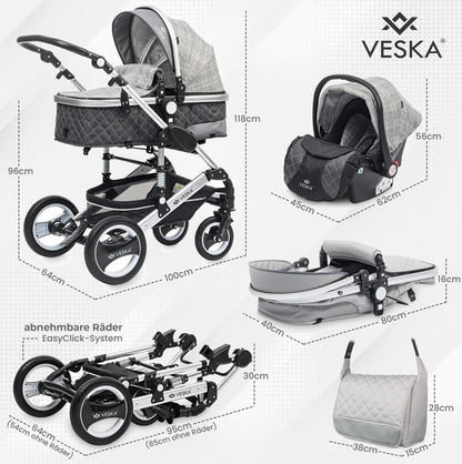 VESKA® 3-in-1 Deluxe Kinderwagen: Buggy, Jogger, Autositz mit Zubehör (Einkaufskorb, Spieltisch, Regenschutz, Mückennetz, etc.)