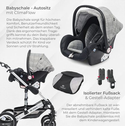 VESKA® 3-in-1 Deluxe Kinderwagen: Buggy, Jogger, Autositz mit Zubehör (Einkaufskorb, Spieltisch, Regenschutz, Mückennetz, etc.)
